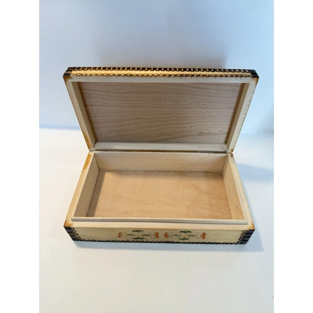 Vtg Painted Pyrography Hinged Wooden Jewelry Trinket Box Folk Art 9.5